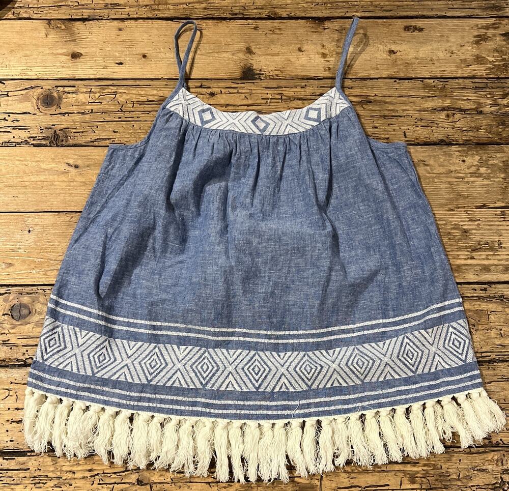 Soft Joie Women’s S Cotton Blue w/ White Embroidery Tassel Sleeveless Top NWT